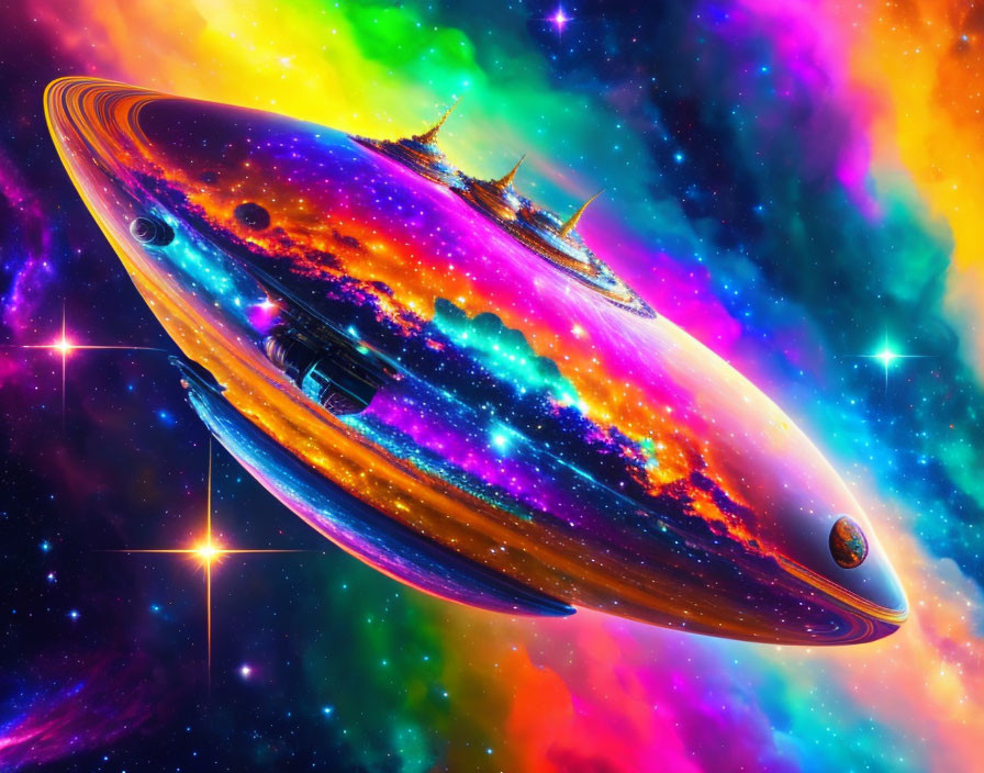 Vibrant Spaceship Artwork in Psychedelic Space Scene