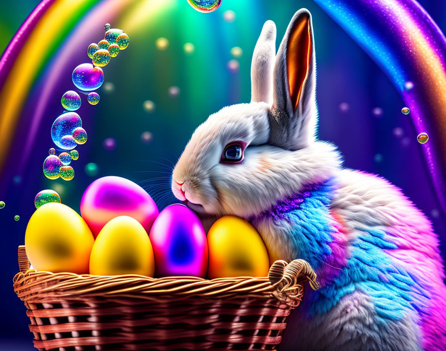 Vibrant Easter illustration with white rabbit, eggs, bubbles, and rainbows