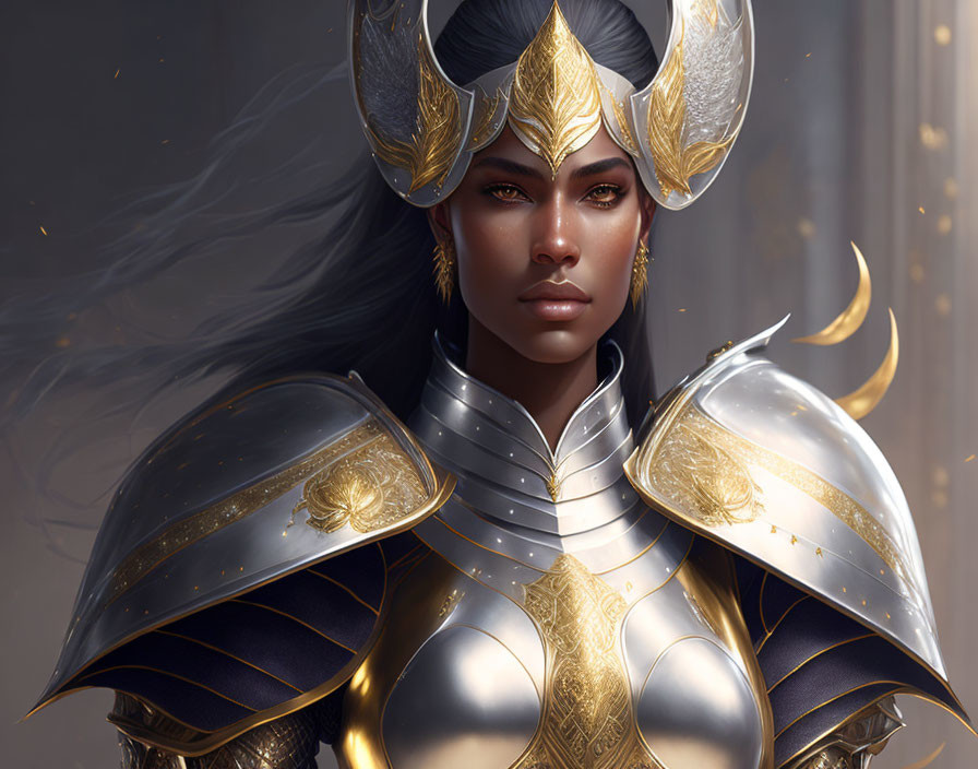 Golden-armored warrior with crescent moons and intricate designs, elaborate helmet, serious expression, and dark