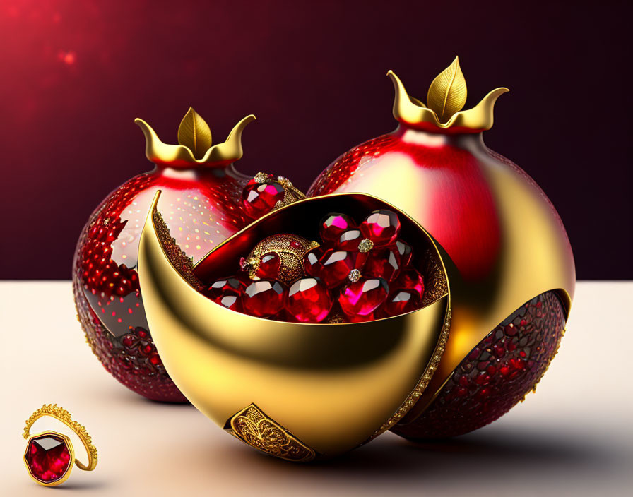 Ornate pomegranates with gold, jewels, rubies on maroon background