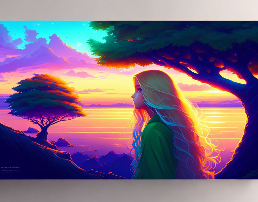 Digital artwork: Woman with flowing hair gazing at vibrant sunset