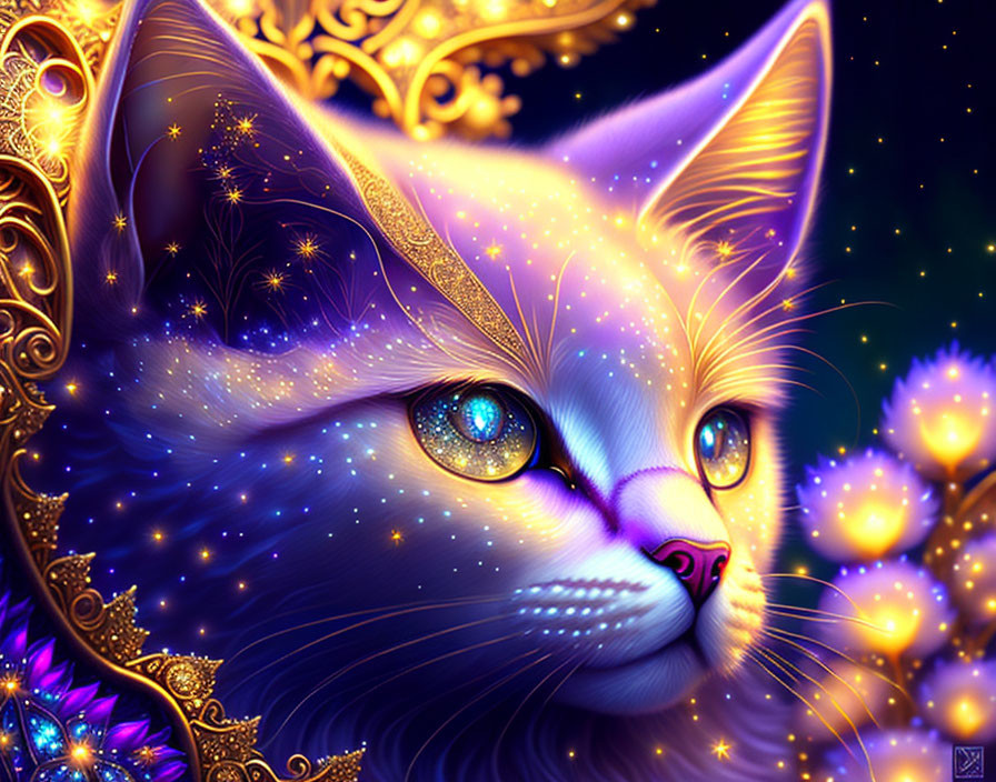 Whimsical blue cat digital artwork with glowing eyes and golden details