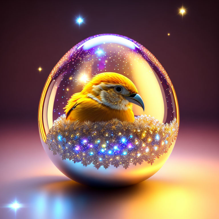 Colorful bird in glittering orb surrounded by sparkling lights on violet background