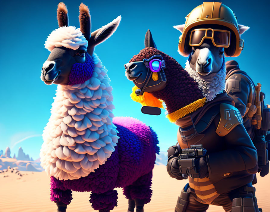 Colorful Cartoon Llamas with Desert Explorer Character