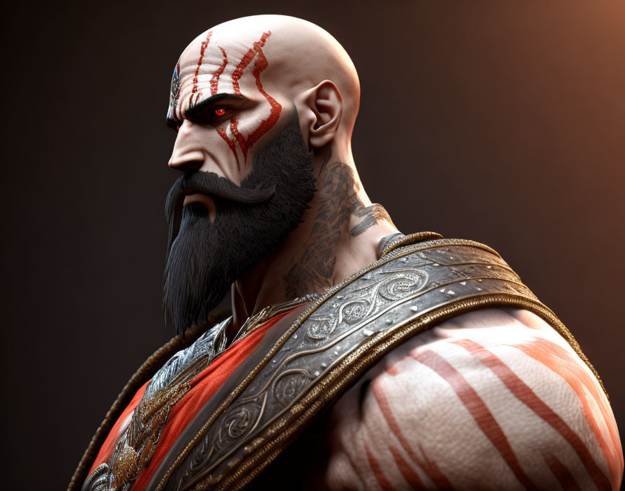 Detailed 3D render of bald Kratos with red facial markings