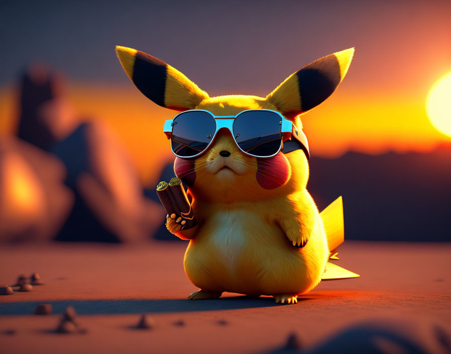 Stylized Pikachu with sunglasses and drink against vibrant sunset