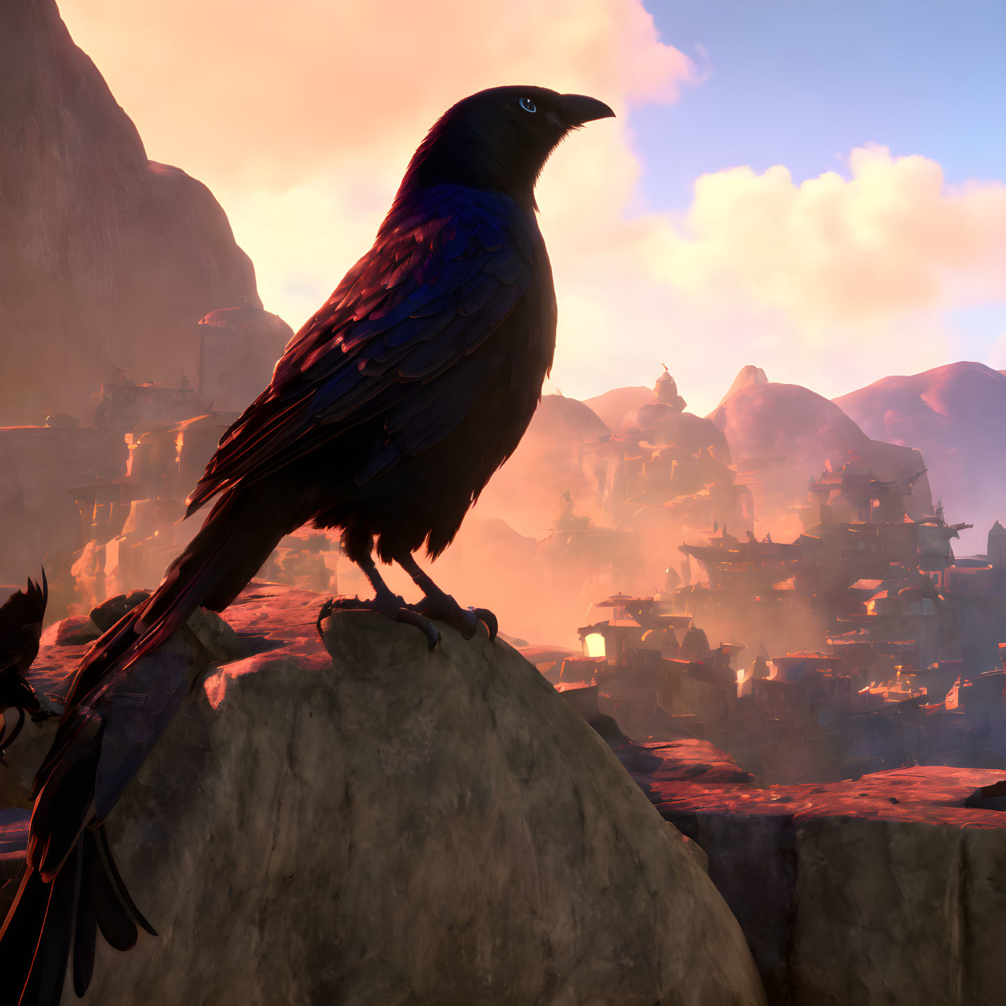 Black raven on rocky ledge with mystical village and sunset sky