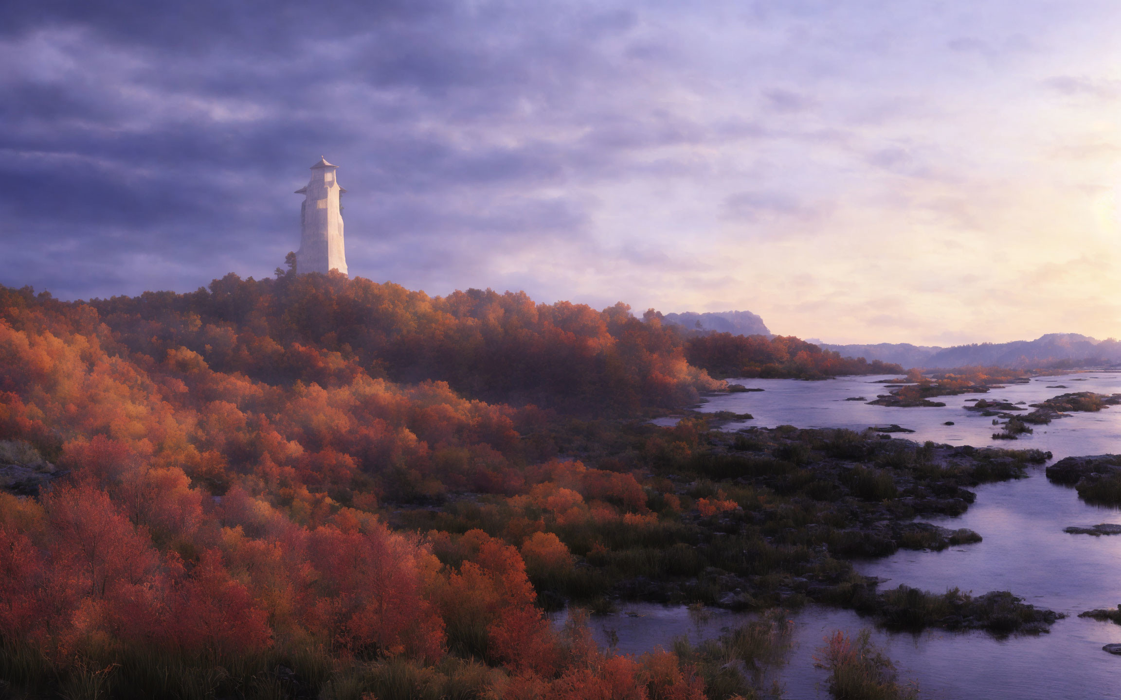 Scenic autumn landscape with lighthouse, trees, river, and purple dusk sky