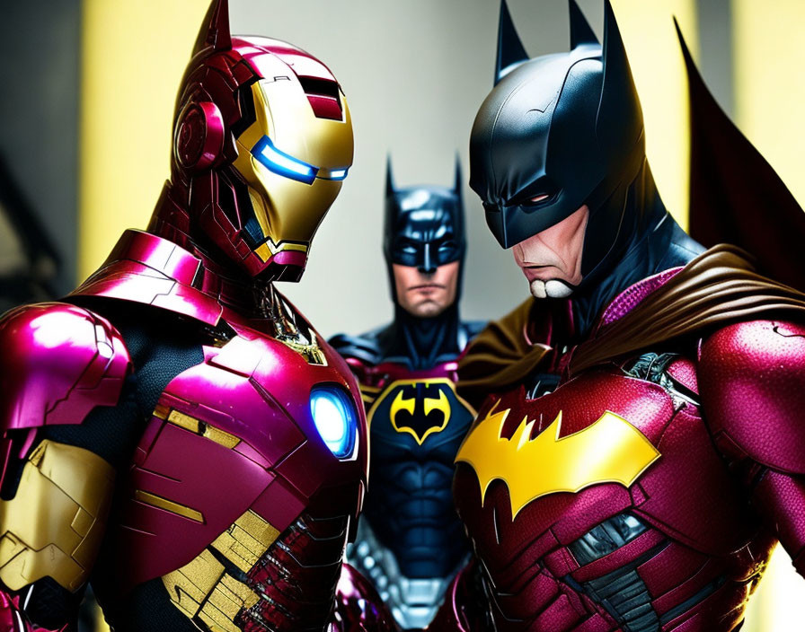 Costumed individuals in Iron Man and Batman outfits against yellow backdrop