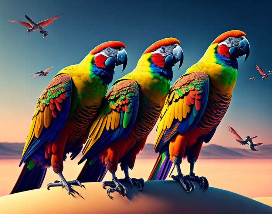 Colorful Macaws Perched on Round Surface at Twilight