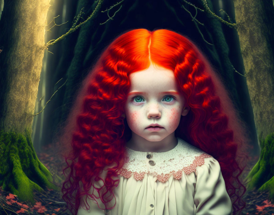 Young girl with red hair in mystical forest with dark trees and red foliage