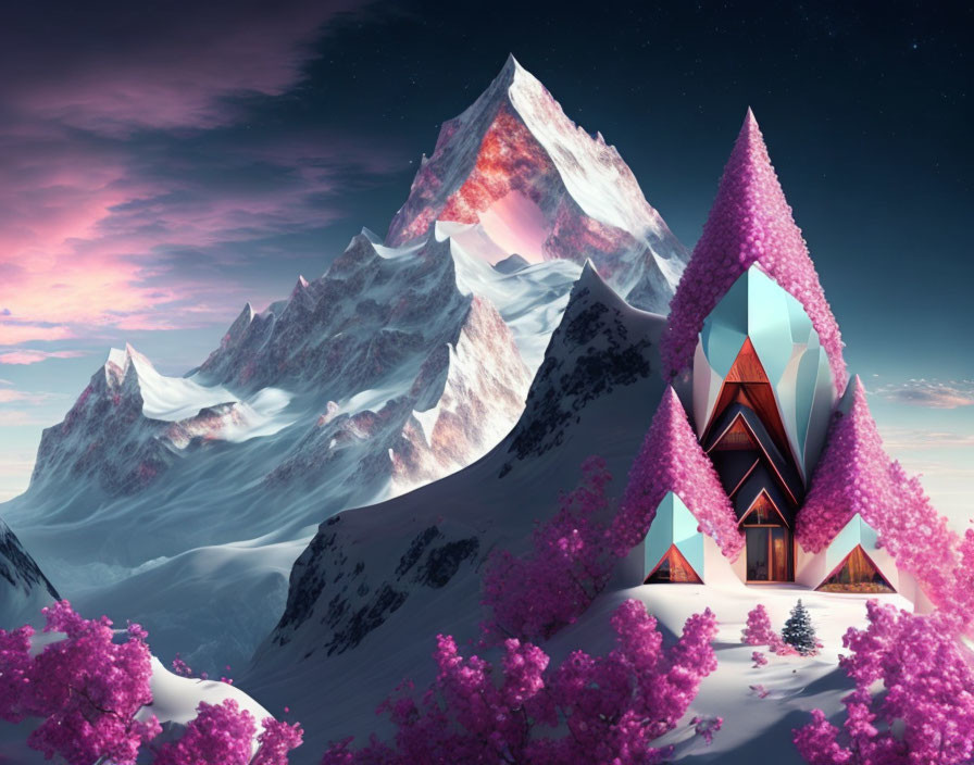 Unique Triangular Structure in Fantastical Pink Foliage and Snowy Mountain Backdrop