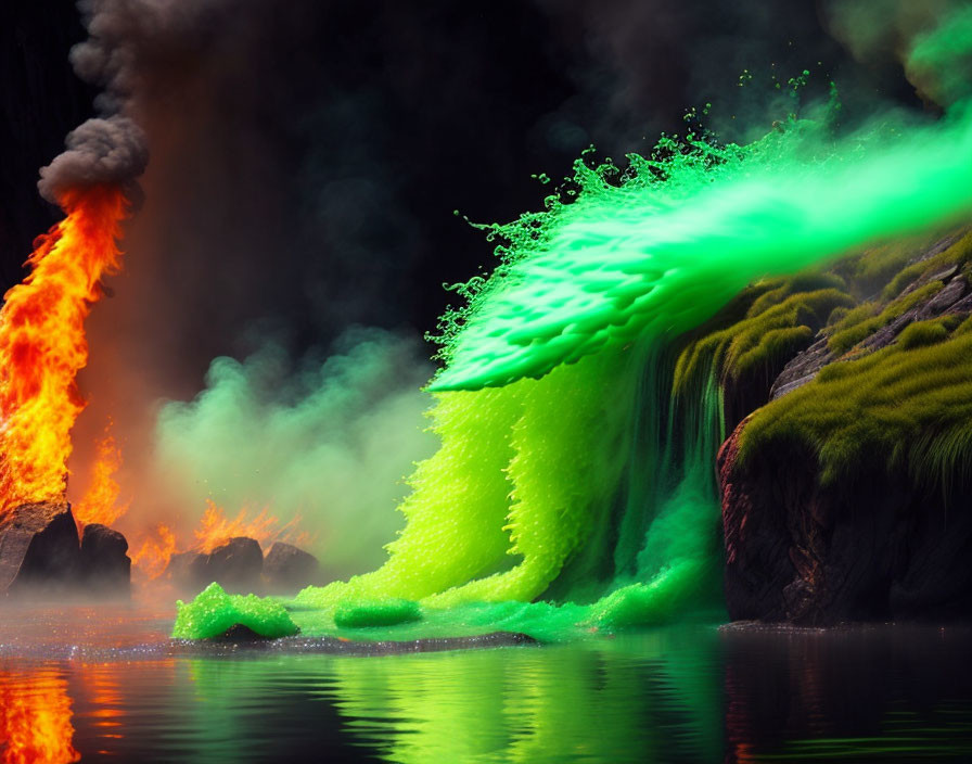 Molten lava flow beside glowing green river in rocky terrain