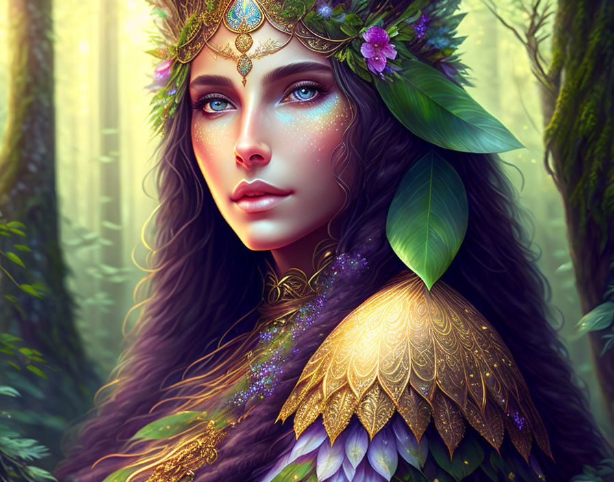 Fantastical portrait of woman with leaf crown and wing-like shoulder armor in lush green forest