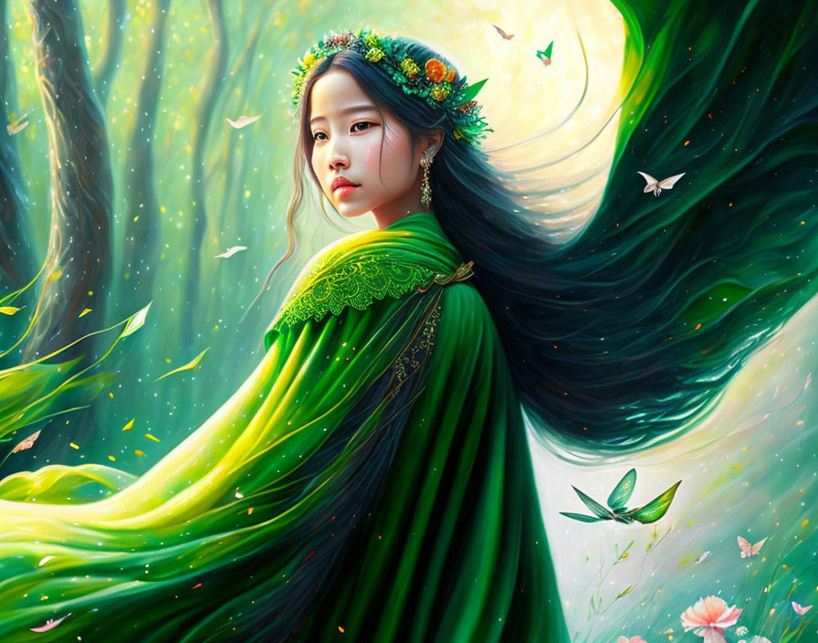 Digital artwork: Woman with long hair in green cloak, magical forest, butterflies, bright moon.