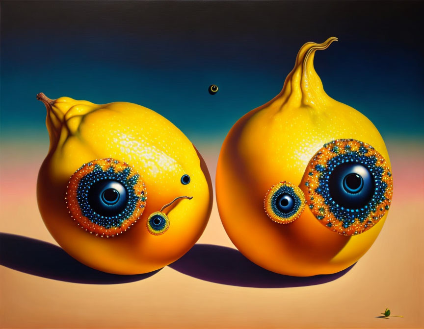 Surreal anthropomorphic yellow fruits with spiral-patterned eyes on colorful background