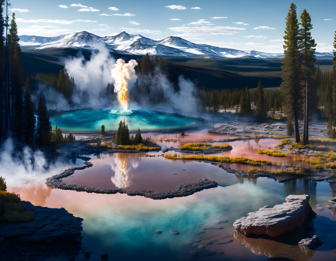 Geothermal Geyser Eruption with Hot Spring, Bacterial Mats, Trees, and Mountains