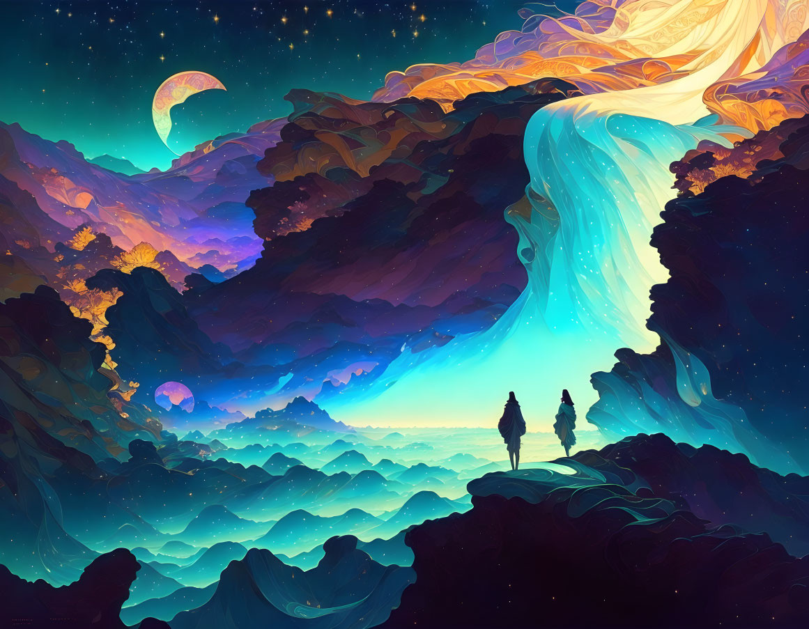 Silhouetted figures in vibrant celestial landscape