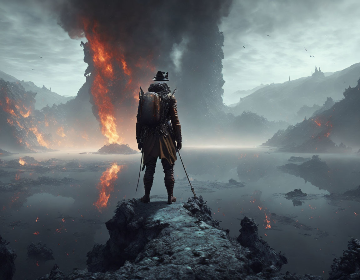 Figure in Hat and Cape Observing Volcanic Eruption on Rocky Terrain