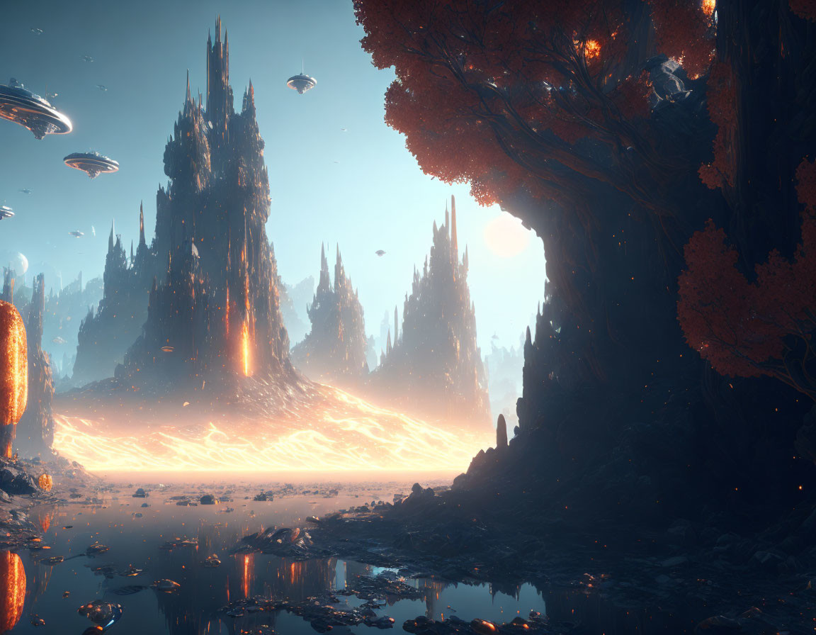 Fantastical landscape with towering spires, glowing lava river, large trees, and flying sauc