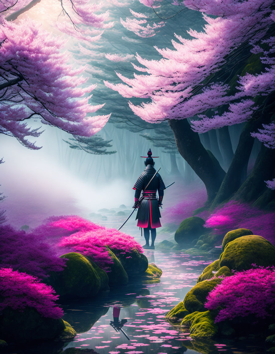 Samurai in contemplation in misty forest with pink foliage.