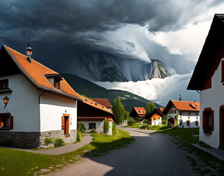 Traditional village with dramatic sky and looming mountain