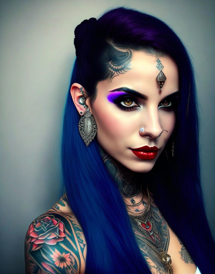 Portrait of a Woman with Blue Hair, Nose Ring, Forehead Jewel, Dramatic Makeup, and