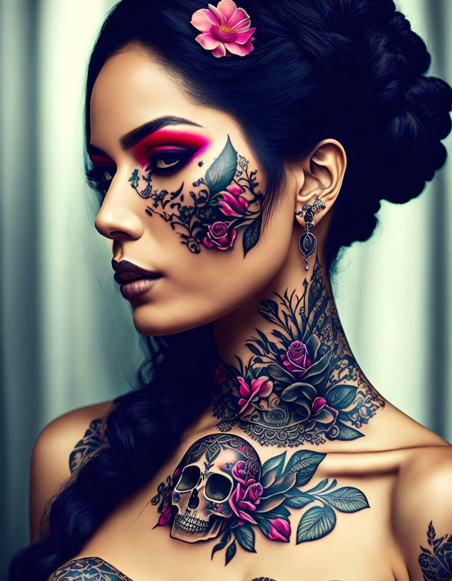 Woman with skull face paint, floral tattoo, pink eye shadow, and flower hair accessory