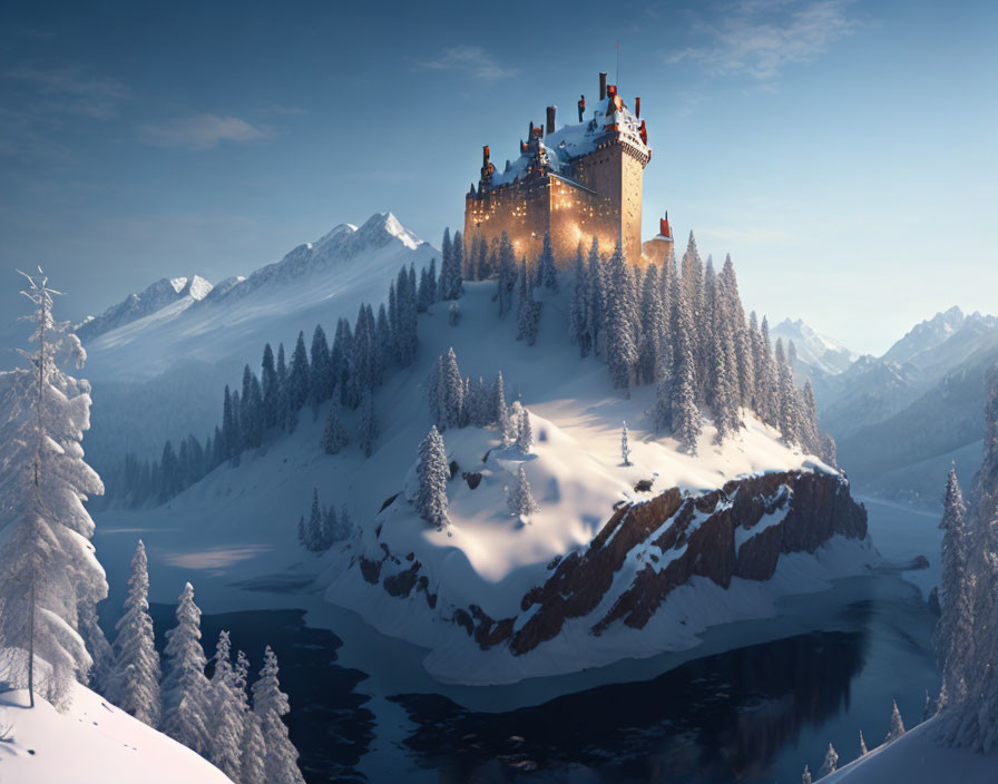 Majestic snowy cliff castle surrounded by forest and mountains at twilight