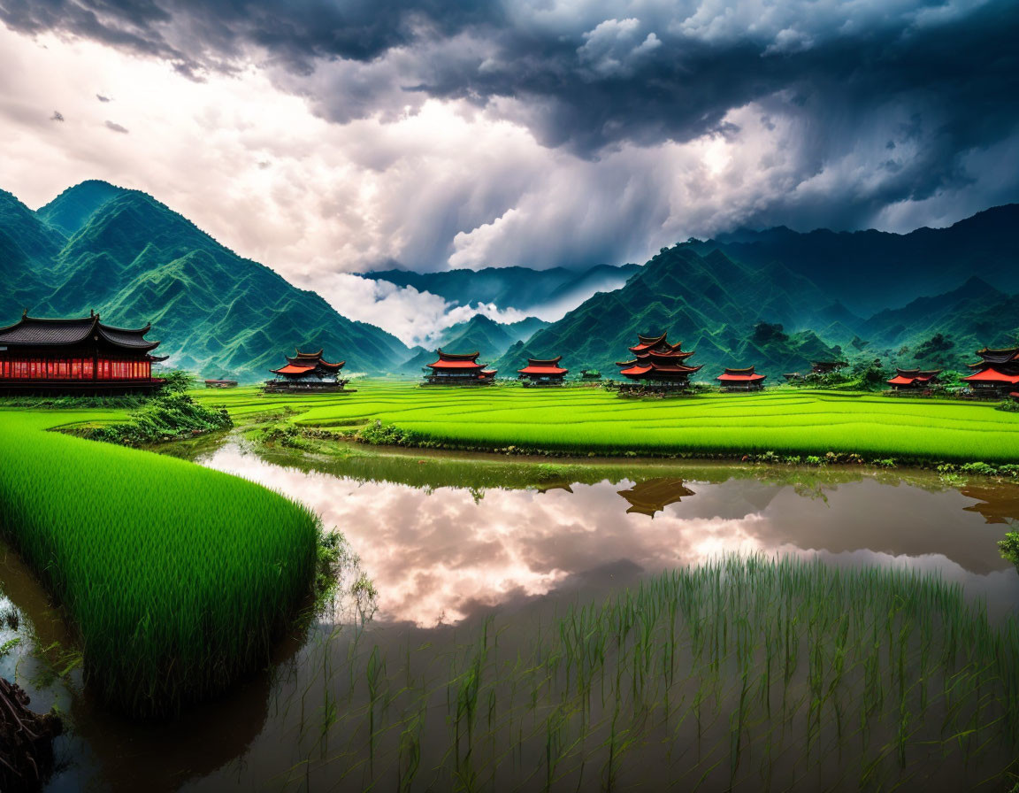 Scenic Asian landscape with green rice paddies, pagodas, hills, and clouds.