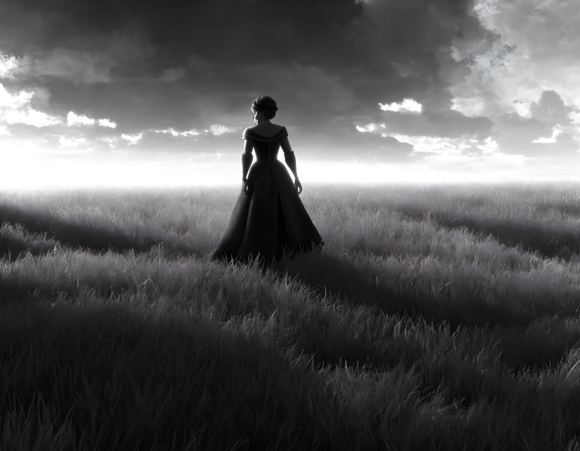 Solitary figure in long dress in monochrome field under dramatic sky