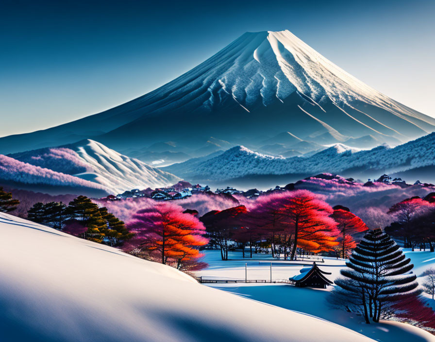 Traditional building, autumn trees, mist, Mount Fuji in snow landscape.