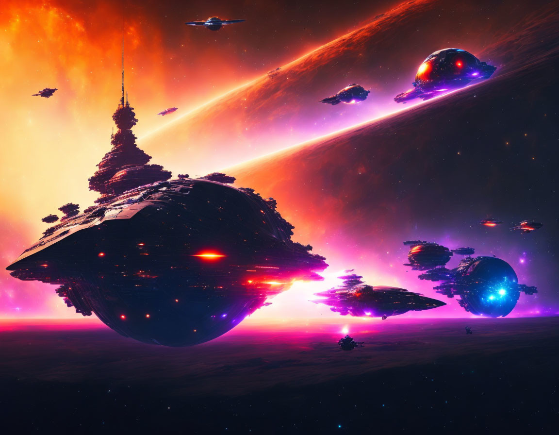 Massive spaceships in vibrant sci-fi scene above purple and orange alien landscape