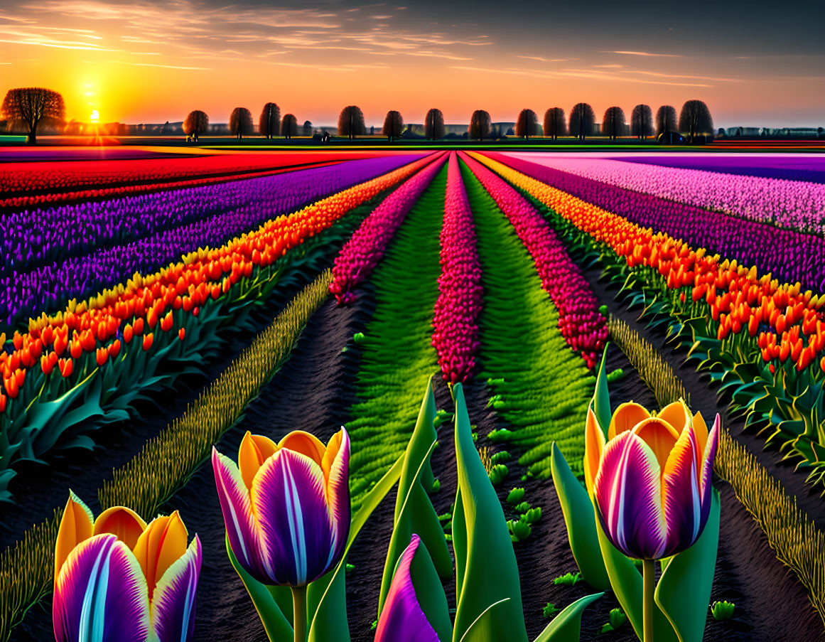 Colorful Tulip Fields at Sunset with Tree-Lined Horizon