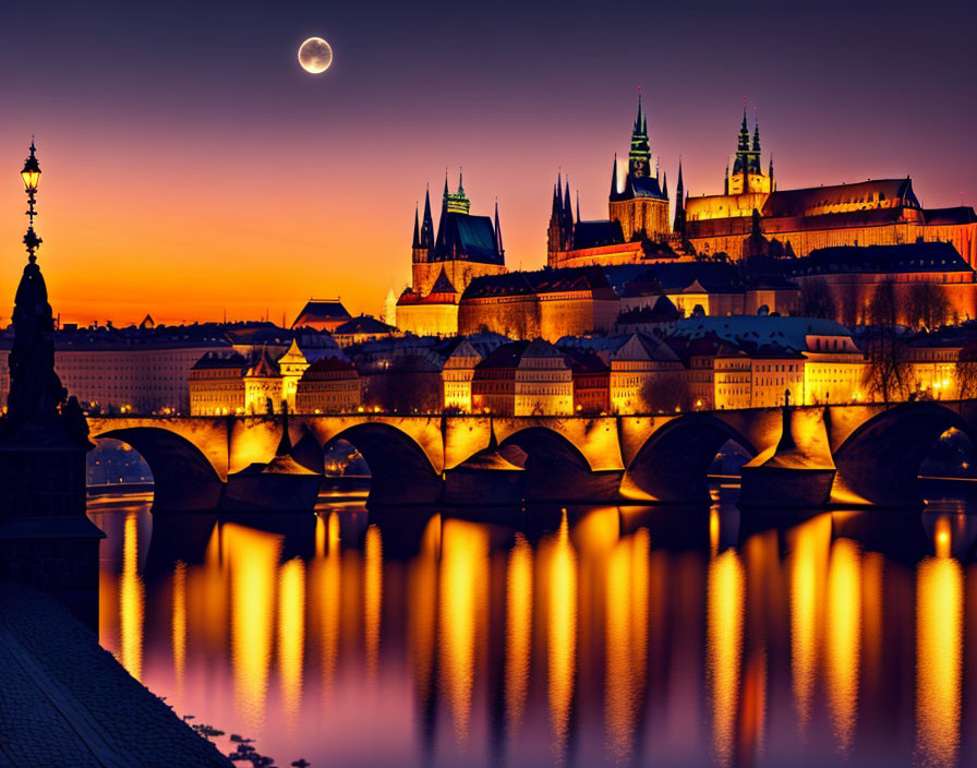 Historic Prague skyline: Charles Bridge, Vltava River, Prague Castle, twilight sky.