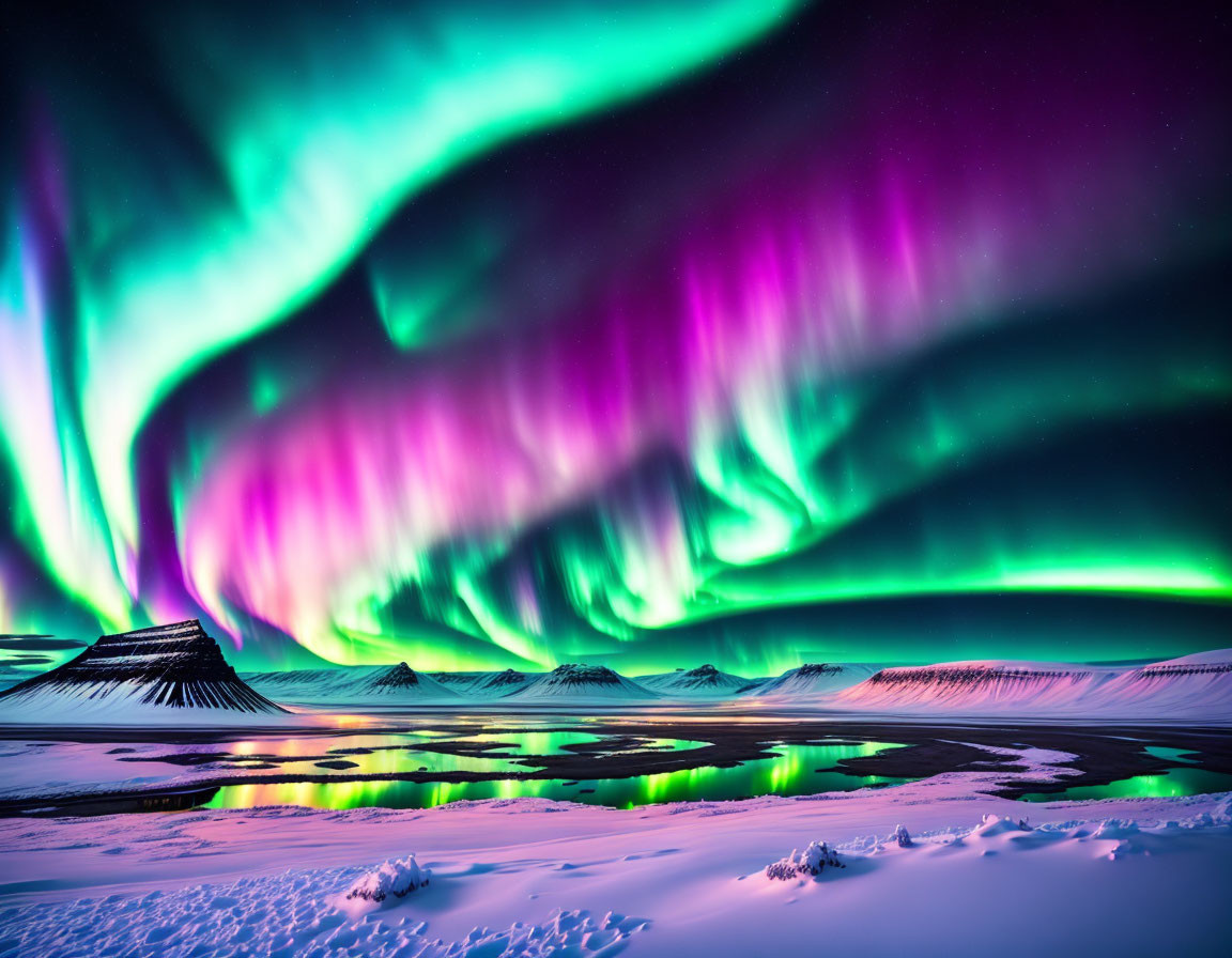 Colorful Aurora Borealis Over Snowy Landscape