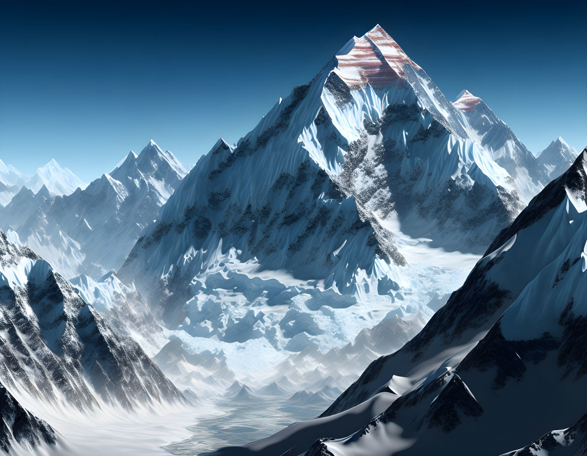 Snow-Capped Mountain Peaks and Rugged Terrain Under Blue Sky