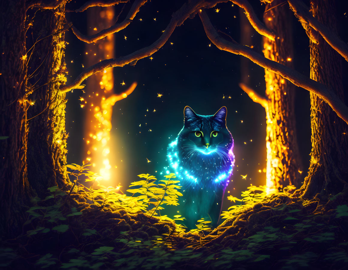 Mystical cat in glowing blue aura in magical forest