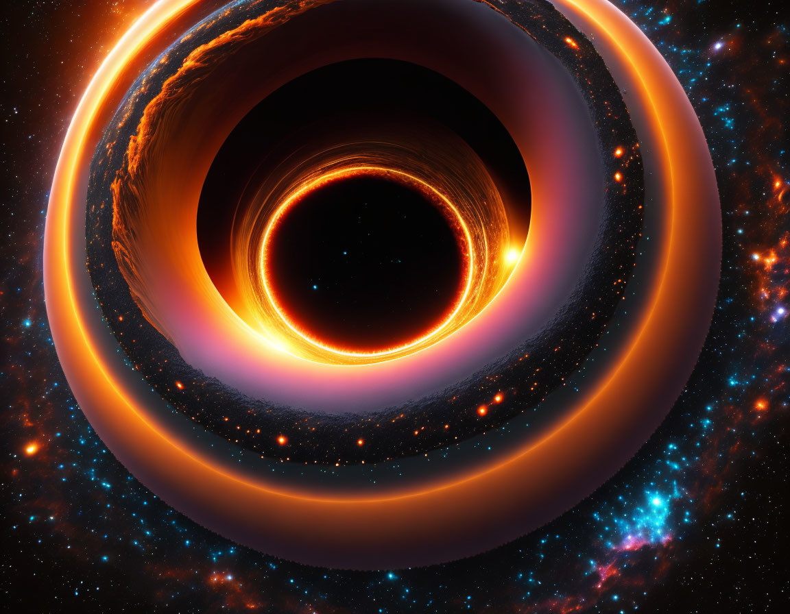 Digital artwork: Black hole with orange accretion disk in starry space