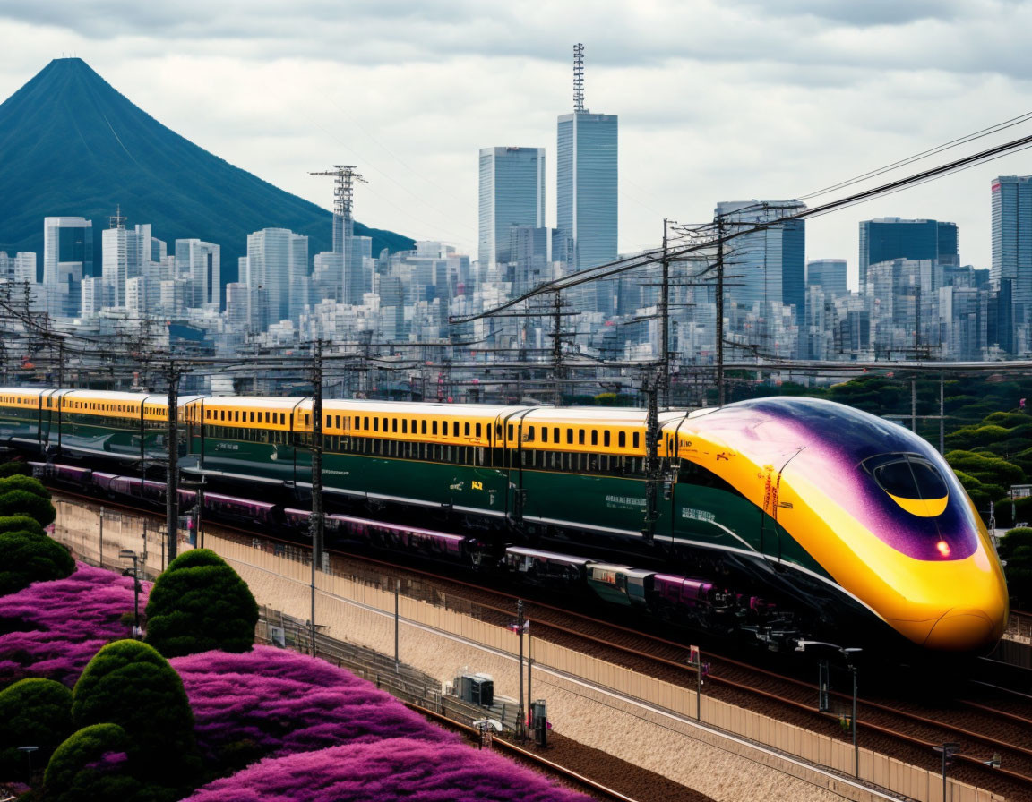 Yellow and Purple High-Speed Train in Urban Landscape