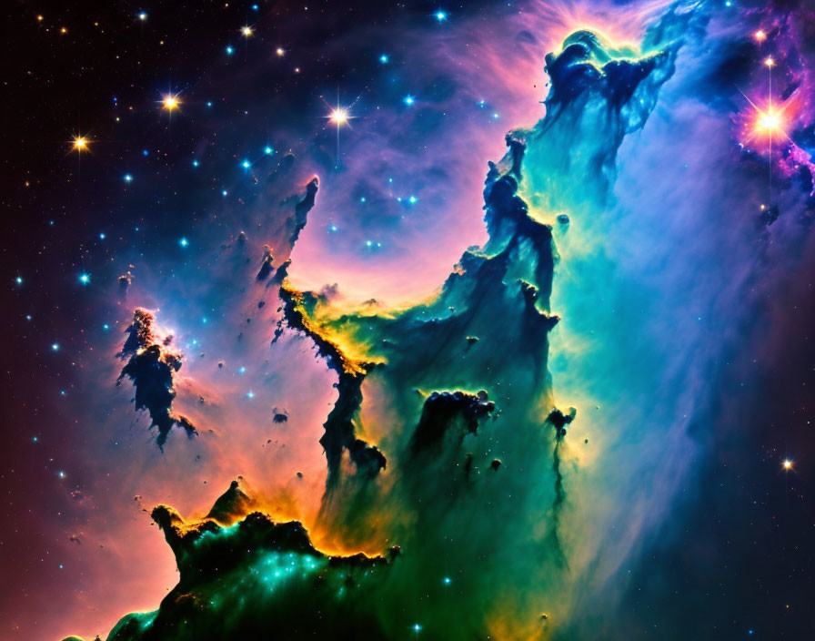 Colorful cosmic cloudscape with blue, purple, and green hues in a nebula