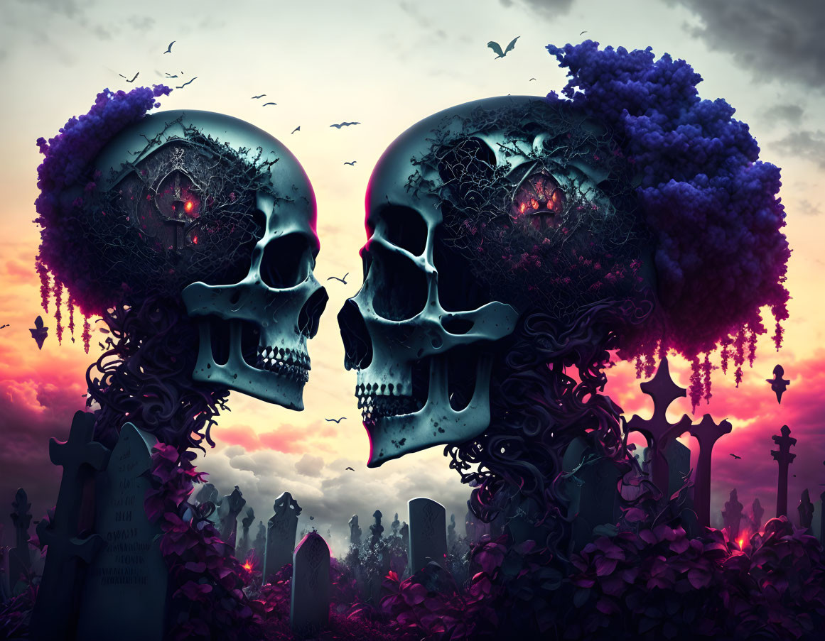 Skulls with glowing red eyes in surreal cemetery with purple flowers and flying birds