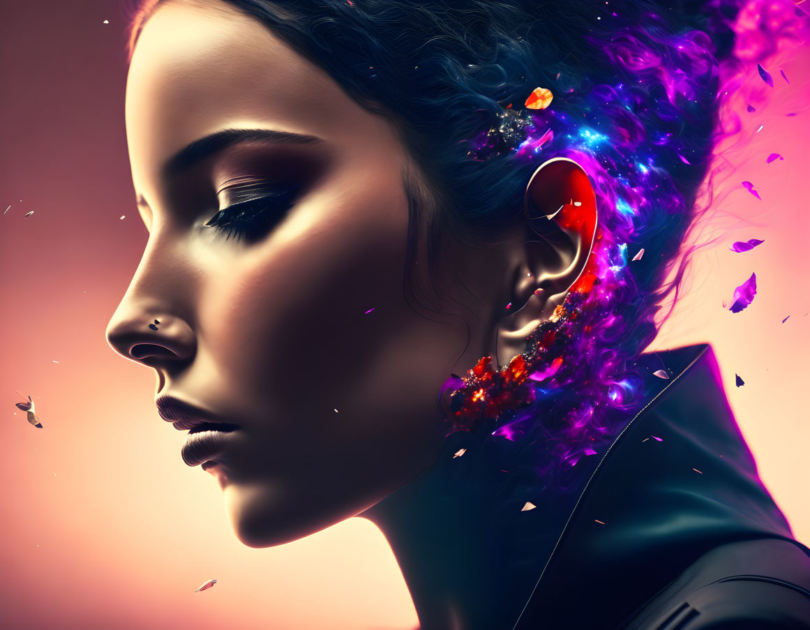 Woman's side profile with vibrant cosmic purple and red hair effects