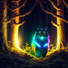 Mystical cat in glowing blue aura in magical forest