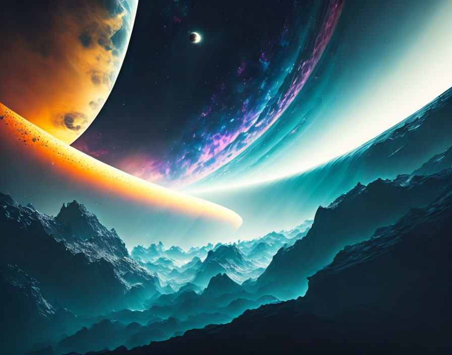 Surreal space scene with rocky landscape, planet rings, star, and moon