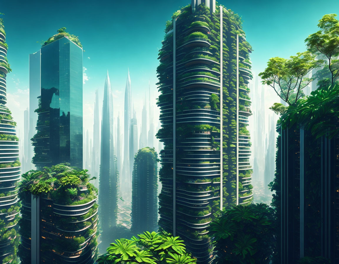 Green skyscrapers in futuristic cityscape under clear blue sky