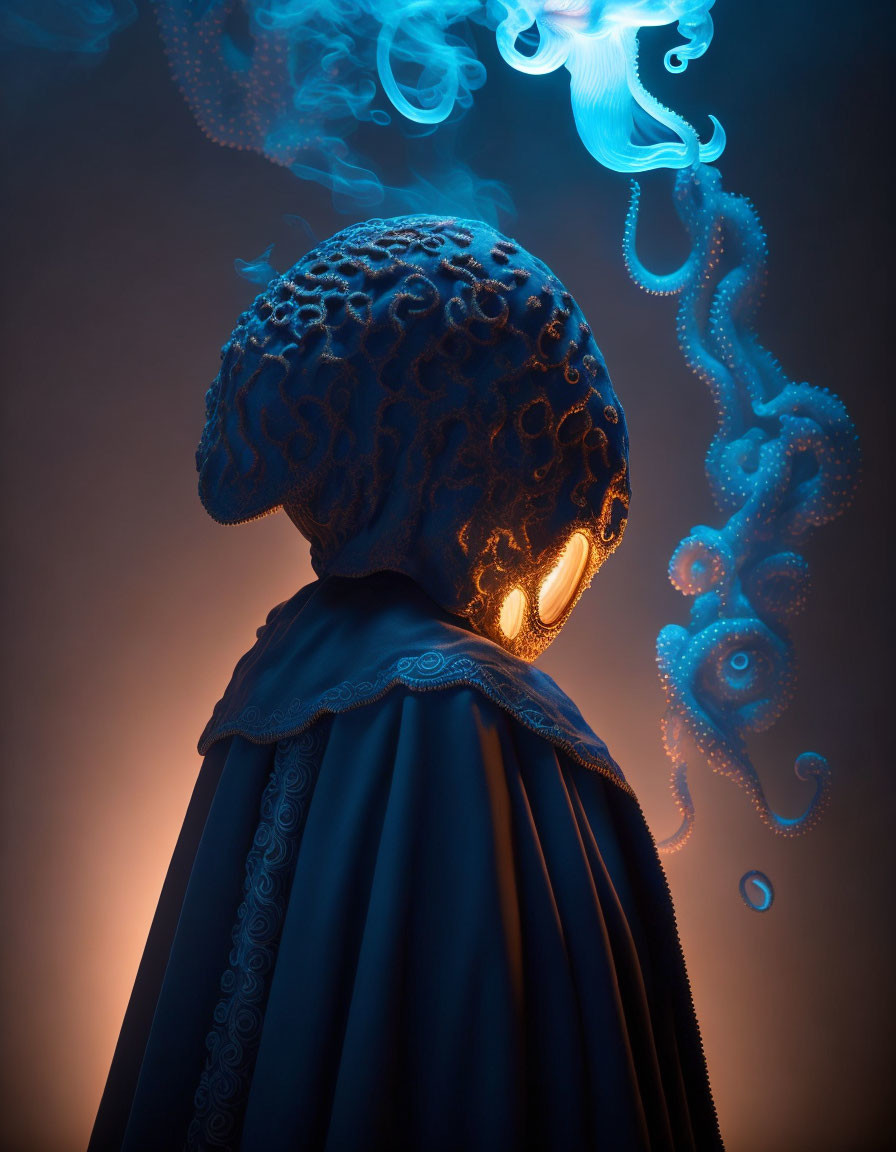 Octopus-themed character with glowing head and tentacles in dark cloak against blue background