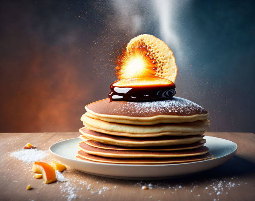 Fluffy Pancakes with Butter, Syrup, and Powdered Sugar Syrup