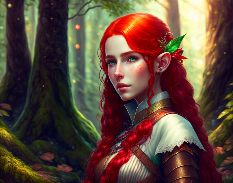 Digital illustration of a red-haired woman with elf-like ears in enchanted forest