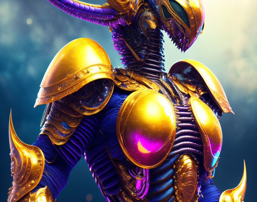 Golden armored character with purple glowing elements: Sci-fi/fantasy design